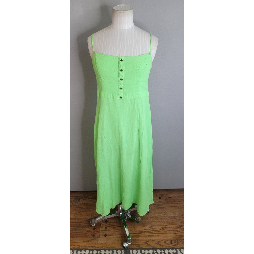 J.Crew Midi Dress 8 Lime Green Button Front Smocked Back Women Square Neck